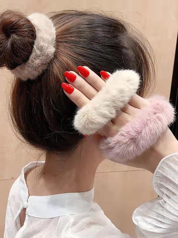 Women's Cute Solid Color Fluffy Hair Ties, Cute Hair Accessories for Women & Girls, Fuzzy Minimalist Headwear Suitable for Thick Hair