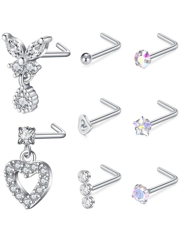 Cute Rhinestone Decor Nose Rings Set, Heart & Star & Butterfly & Flower & Fish Tail Design Nose Studs, Fashion Body Jewelry for Women & Girls