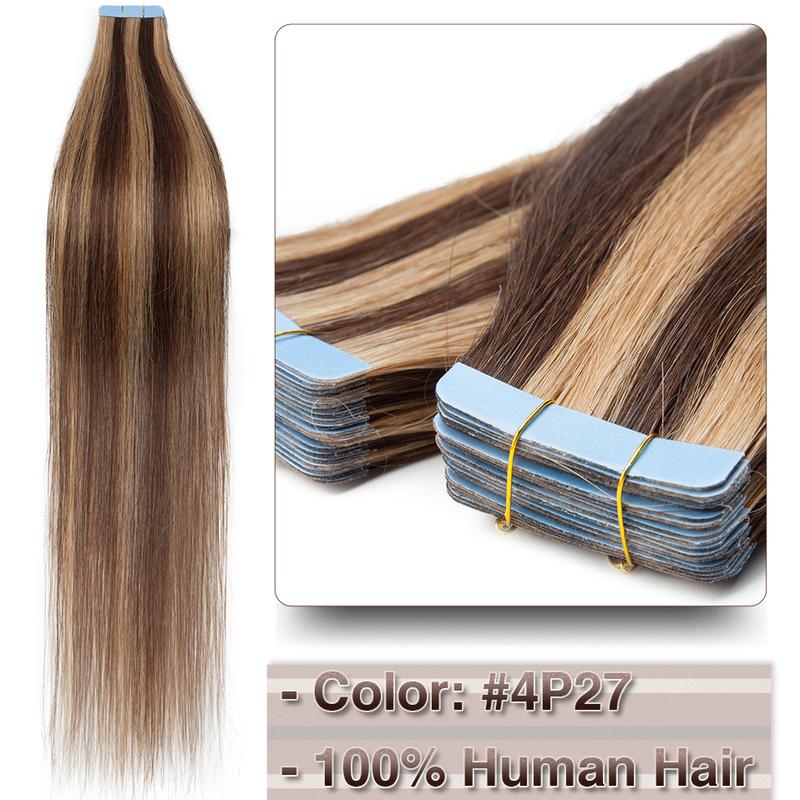 Benehair 20 pieces Tape In Hair Extensions Human Hair Mega Hair Straight Natural Hair Seamless Invisible Double Side Skin Weft human hair