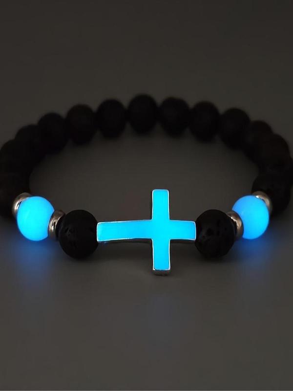 Glow in The Dark Cross Charm Beaded Bracelet, Fashionable Jewelry for Women & Men, Style Bracelet for Party, Daily Decor, Trendy All-match & Exquisite Jewelry for Birthday Gift