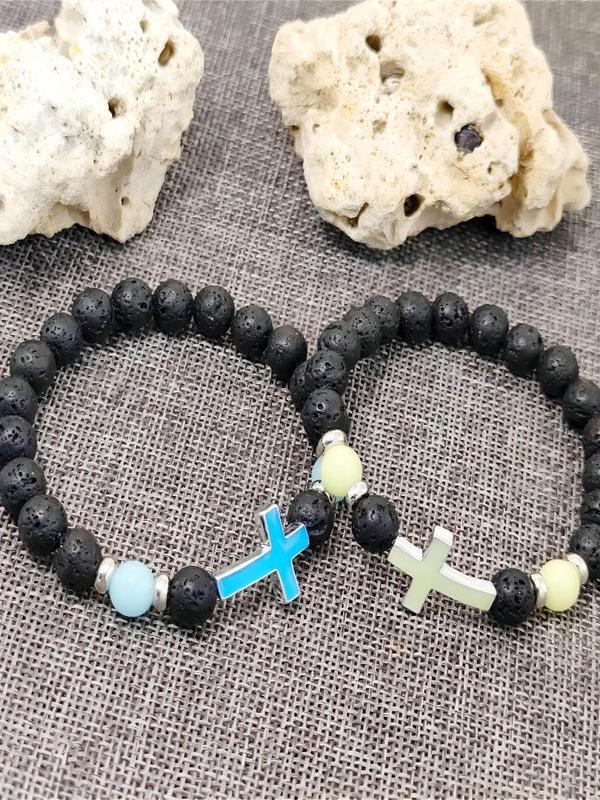 Glow in The Dark Cross Charm Beaded Bracelet, Fashionable Jewelry for Women & Men, Style Bracelet for Party, Daily Decor, Trendy All-match & Exquisite Jewelry for Birthday Gift