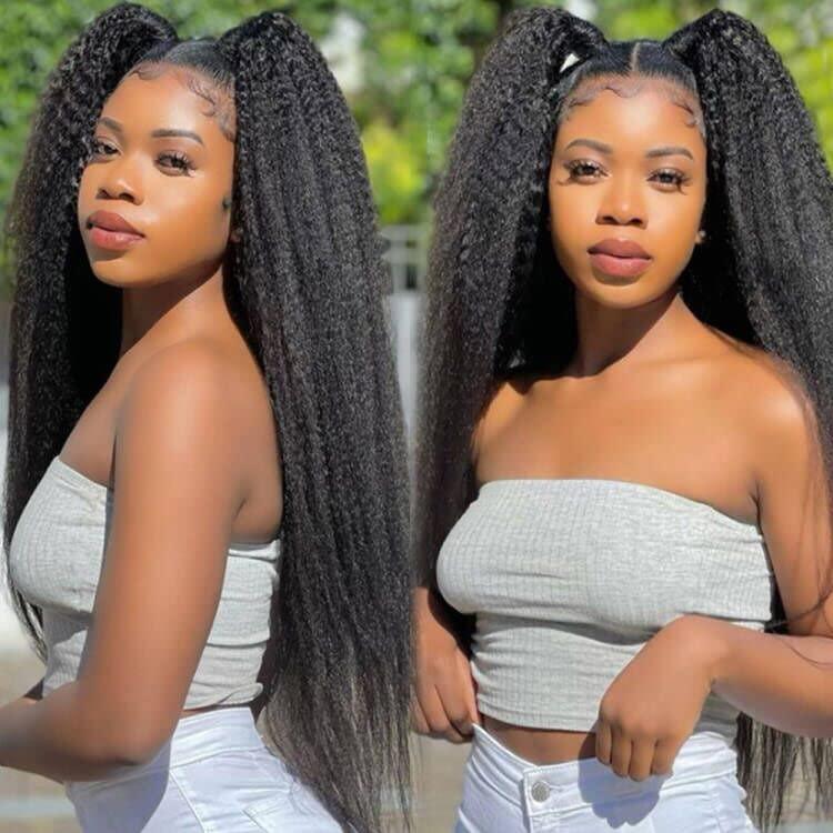 24 Inch Kinky Straight Lace Front Wig Pre Plucked With Baby Hair 180% Density Yaki Straight Lace Front Wig Wigs For Black Women Heat Resistant Hair