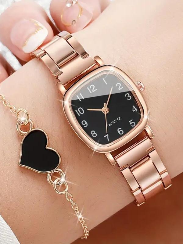 Women's Elegant Square Dial Quartz Watch & Heart Design Bracelet, Exquisite Trendy Wristwatch & Matching Bracelet, Fashionable Watch Set As Gift