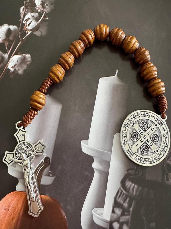 Saint Benedict Medal Pendant, Prayer Pocket Rosary, Catholic Wood Beads with Saint Benedict Medal and Crucifix, Fashion Accessories for Men & Women