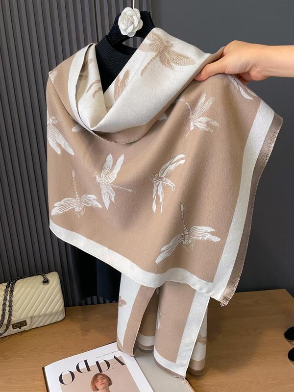 Women's Elegant Dragonfly Pattern Double-sided Fringe Trim Design Scarf, Casual Soft Warm Shawl for Fall & Winter, Fashion Accessories for Daily Wear