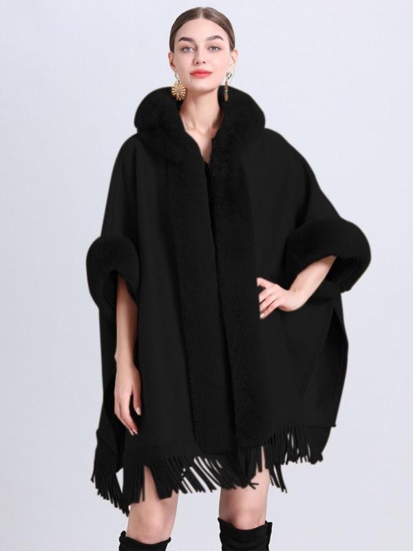 Women's Solid Color Tassel Trim Hooded Cape Shawl, Casual Warm Fuzzy Long Shawl for Fall & Winter, Fashion Accessories for Women & Girls