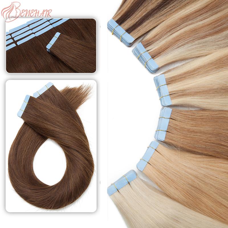 Benehair 20 pieces Tape In Hair Extensions Human Hair Mega Hair Straight Natural Hair Seamless Invisible Double Side Skin Weft human hair