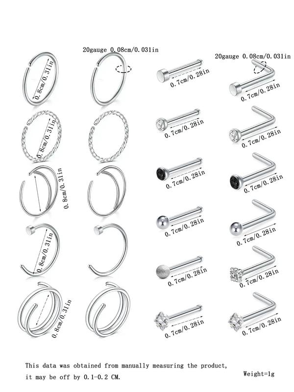 Rhinestone Decor Nose Rings As Gift for Couple, 22pcs set Stainless Steel Nose Piercing Jewelry, Body Jewelry for Party & Daily Decoration