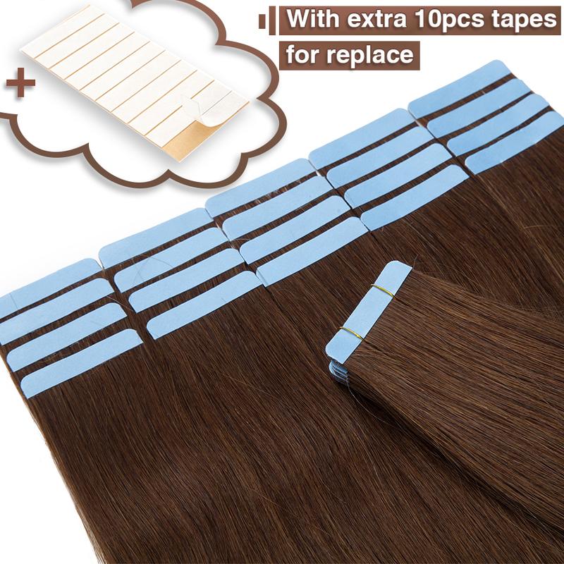 Benehair 20 pieces Tape In Hair Extensions Human Hair Mega Hair Straight Natural Hair Seamless Invisible Double Side Skin Weft human hair