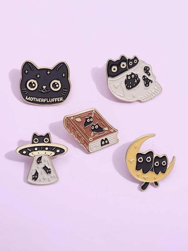 Cute Cartoon Cat Book Moon Space Station Design Brooch (5pcs), Enameled Pin Jewelry for Party, Daily Clothing Decor, Trendy All-match & Exquisite Brooches for Birthday Gift