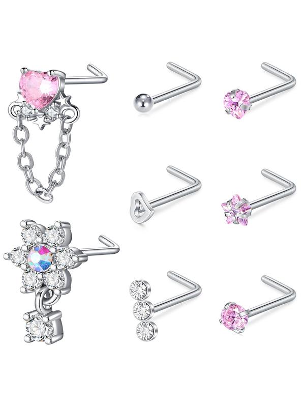 Cute Rhinestone Decor Nose Rings Set, Heart & Star & Butterfly & Flower & Fish Tail Design Nose Studs, Fashion Body Jewelry for Women & Girls