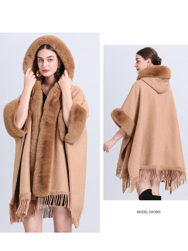 Women's Solid Color Tassel Trim Hooded Cape Shawl, Casual Warm Fuzzy Long Shawl for Fall & Winter, Fashion Accessories for Women & Girls