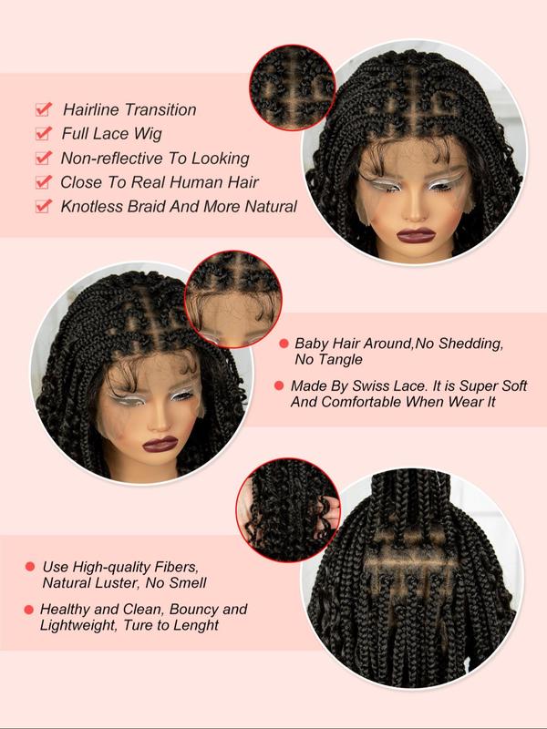 16 Inch Black Long Curly Braided Wigs for Women, Gorgeous Fluffy Wigs with Baby Hair Bangs, Synthetic Braided Lace Wigs for Party, Daily Use Braids Hairstyles