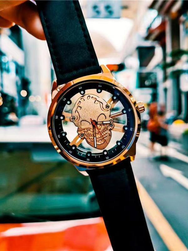 Men's Street Trend Hollow Out Skull Design Quartz Watch, 2024 New Style Cool Fashionable Wristwatch with Box, Trendy Watch for Daily Life, Gift for Teens