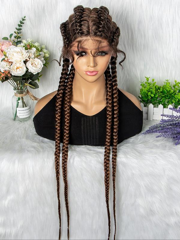 36 Inch Burgundy 4 Strands Long Ponytail Extension With Wig Cap, Synthetic Braided Lace Wig For Party, Daily Use Braids Hairstyles