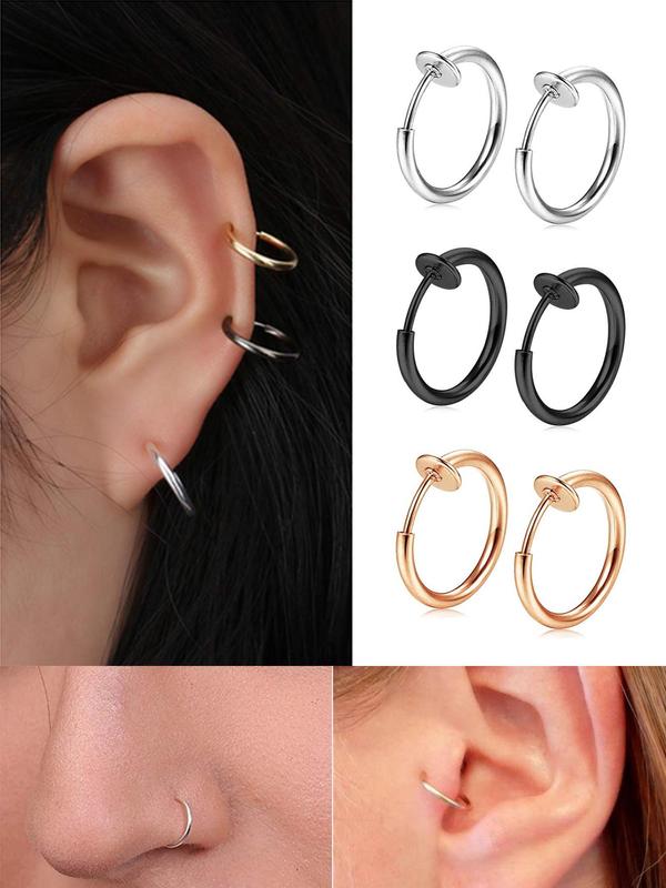 6pcs Simple Design Stainless Steel Nose Rings, Minimalist Casual Non-pierced Nose Rings, Body Jewelry for Men & Women