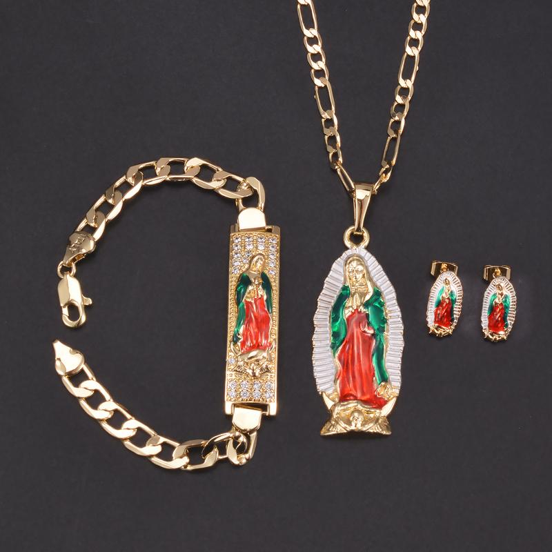 Jewelry set (Bracelet + pendant + necklace + pair of earrings) Mexican charm St. Jude, Guadalupe, Religion Catholic Patron Saint Faith Wear jewelry, jewelry Jewelry set Holiday celebration gifts, protect blessing jewelry gifts men and women virgencita