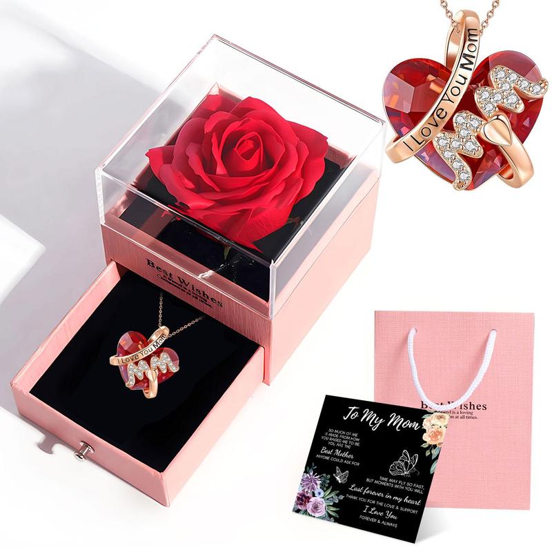 Christmas Mother's Day Gift Box Set, 1 Set Including Rose Gift Box & I Love You Mom Necklace & Greeting Card, Party Gift for Mom, Birthday Gift for Women