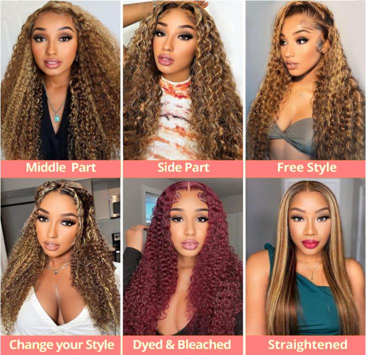 IDHERE 4 27 Highlight Honey Blonde Color Deep Wave Wigs 13x4 HD Lace Front Deep Wave Wigs Human Hair Pre Bleached Knots 180 Density Pre Plucked with Baby Hair For Woman