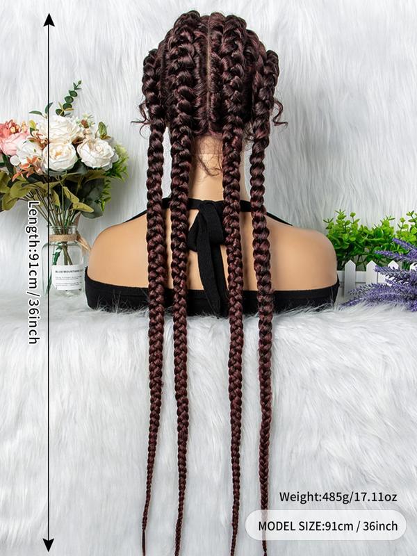 36 Inch Burgundy 4 Strands Long Ponytail Extension With Wig Cap, Synthetic Braided Lace Wig For Party, Daily Use Braids Hairstyles