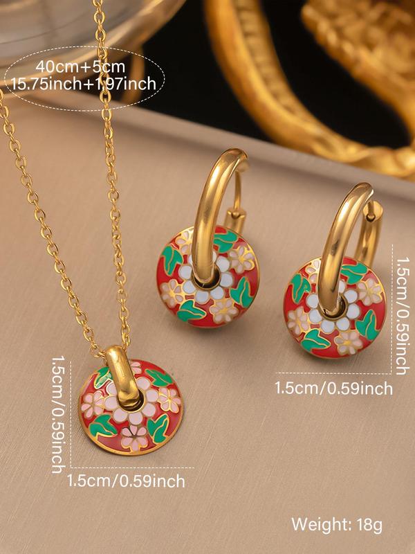 Vintage Flower Pattern Round Pendant Necklace & Earrings, Boho Style Jewelry Set for Women, Fashion Jewelry for Party, Daily Decor, Trendy All-match & Exquisite Jewelry for Gift