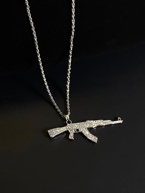 Rhinestone Decorated Submachine Gun Shaped Pendant Necklace for Men,  Hip Hop Punk Jewelry for Party, Daily Clothing Decor for Boy