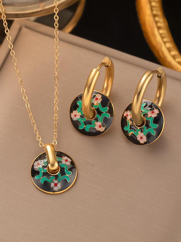 Vintage Flower Pattern Round Pendant Necklace & Earrings, Boho Style Jewelry Set for Women, Fashion Jewelry for Party, Daily Decor, Trendy All-match & Exquisite Jewelry for Gift