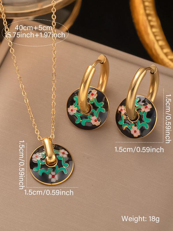 Vintage Flower Pattern Round Pendant Necklace & Earrings, Boho Style Jewelry Set for Women, Fashion Jewelry for Party, Daily Decor, Trendy All-match & Exquisite Jewelry for Gift