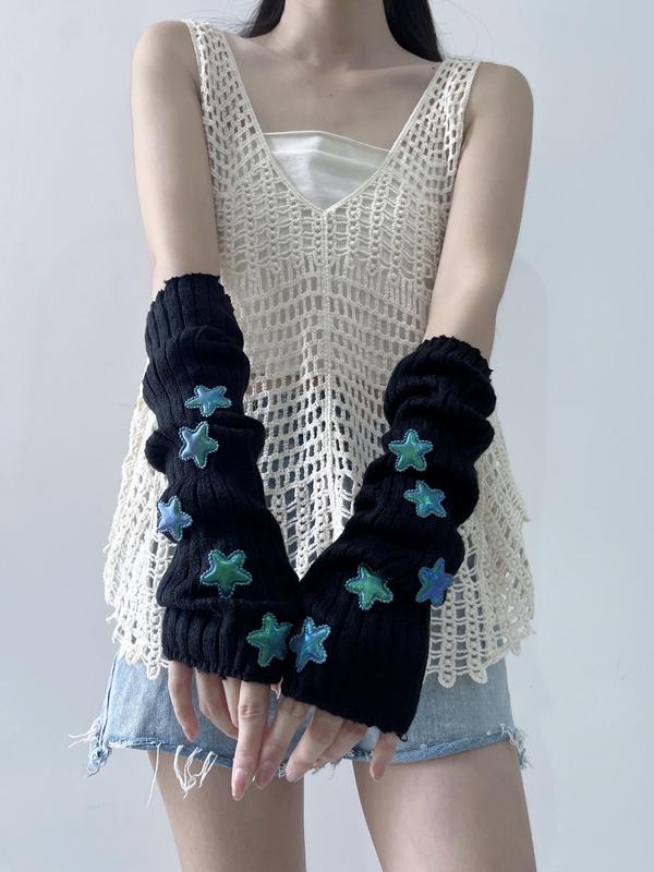 1 Pair Women's Cute Star Decorated Warm Knitted Gloves, Casual Trendy Y2k Arm Warmers, Fashionable Accessories for Daily & Party Decoration