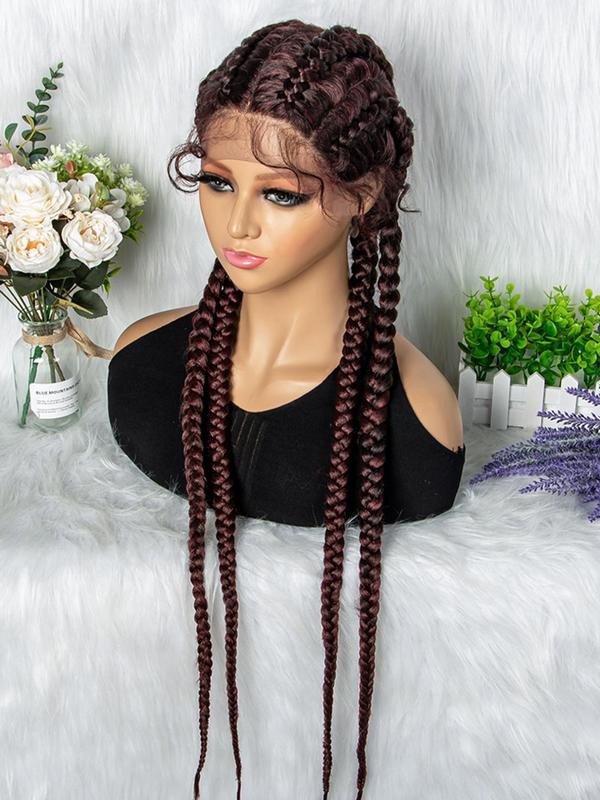 36 Inch Burgundy 4 Strands Long Ponytail Extension With Wig Cap, Synthetic Braided Lace Wig For Party, Daily Use Braids Hairstyles