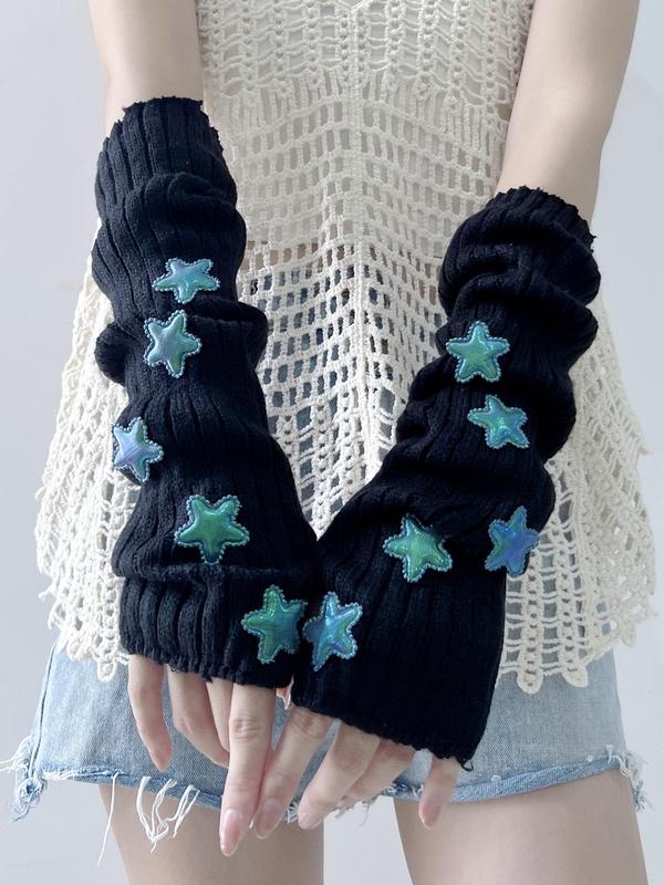 1 Pair Women's Cute Star Decorated Warm Knitted Gloves, Casual Trendy Y2k Arm Warmers, Fashionable Accessories for Daily & Party Decoration