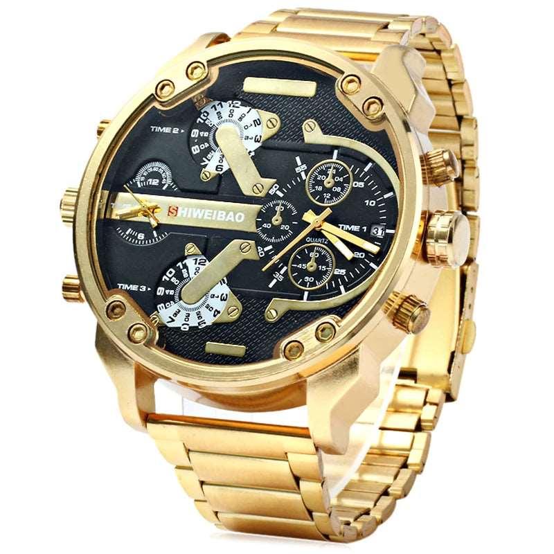 Golden Steel Quartz Dual Time Zone Watch