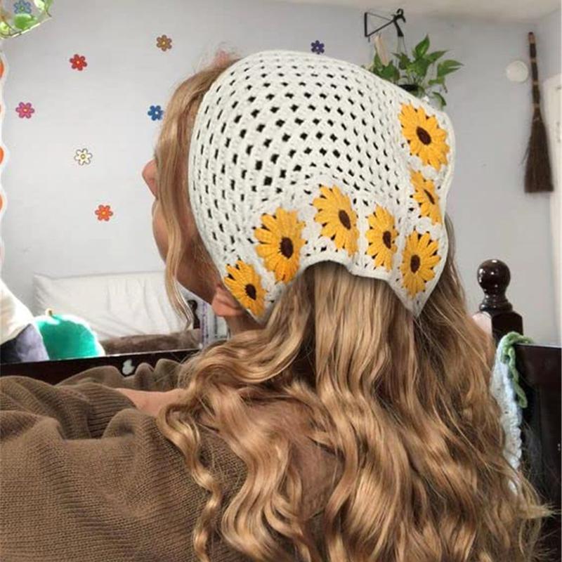 2-piece set Floral Daisy Crochet Bandana Head Kerchief Hair Scarf Knitted Hair Scarves Headscarf Tie Vintage Bandanas Headwrap Headband for Women Girl