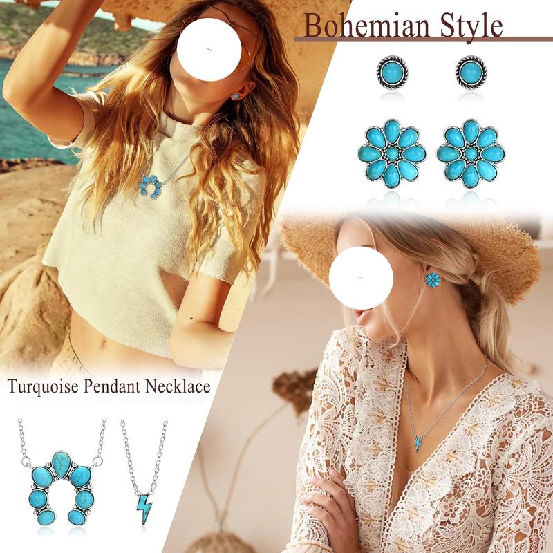 Women Bohemian Turquoise Set Navajo Necklace Beaded Choker Necklace Turquoise Earrings Bracelet Western Knuckle Rings Turquoise for Women