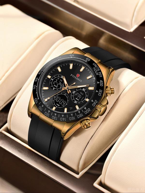 Men's Business Fashion Round Dial Analog-digital Quartz Watch, Fashion Watch for Party, Daily Clothing Decor, Trendy All-match & Exquisite Watch for Gift with Box