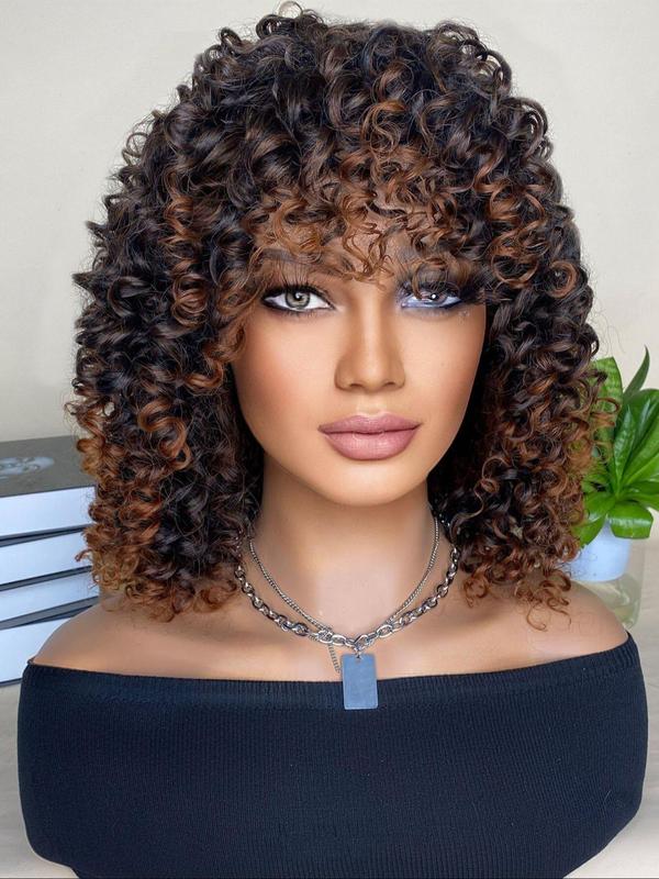 Women's 14inch Mid-length Coily Synthetic Hair Wigs, Natural Fluffy Hair Wigs with Bangs, Chic Hair Wigs for Daily & Cosplay & Costume Party Decor