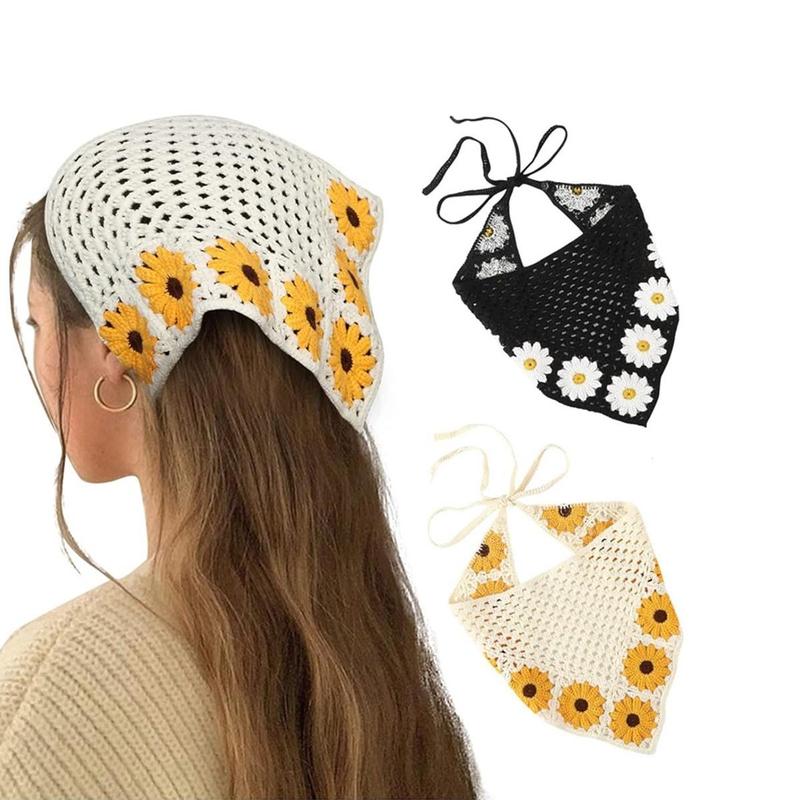 2-piece set Floral Daisy Crochet Bandana Head Kerchief Hair Scarf Knitted Hair Scarves Headscarf Tie Vintage Bandanas Headwrap Headband for Women Girl