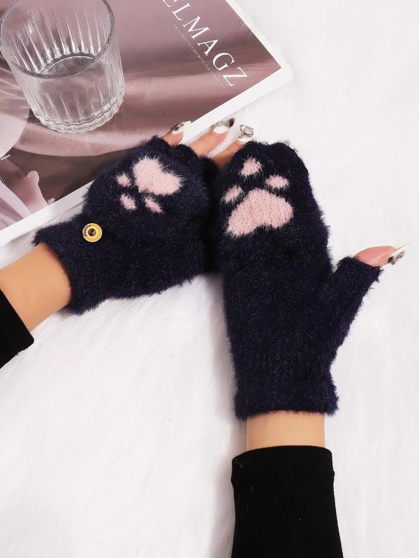 1 Pair Cute Cat Claw Pattern Gloves, Fashionable Warm Gloves For Fall & Winter