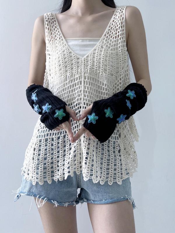 1 Pair Women's Cute Star Decorated Warm Knitted Gloves, Casual Trendy Y2k Arm Warmers, Fashionable Accessories for Daily & Party Decoration