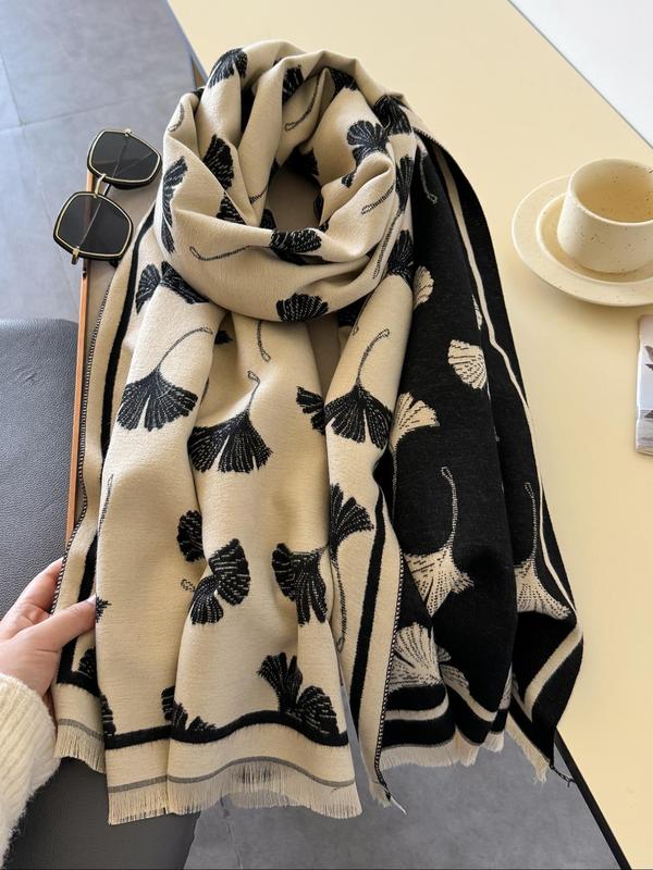 Leaf Pattern Jacquard Scarf, Casual Soft Warm Shawl for Fall & Winter, Fashion Accessories for Women & Men