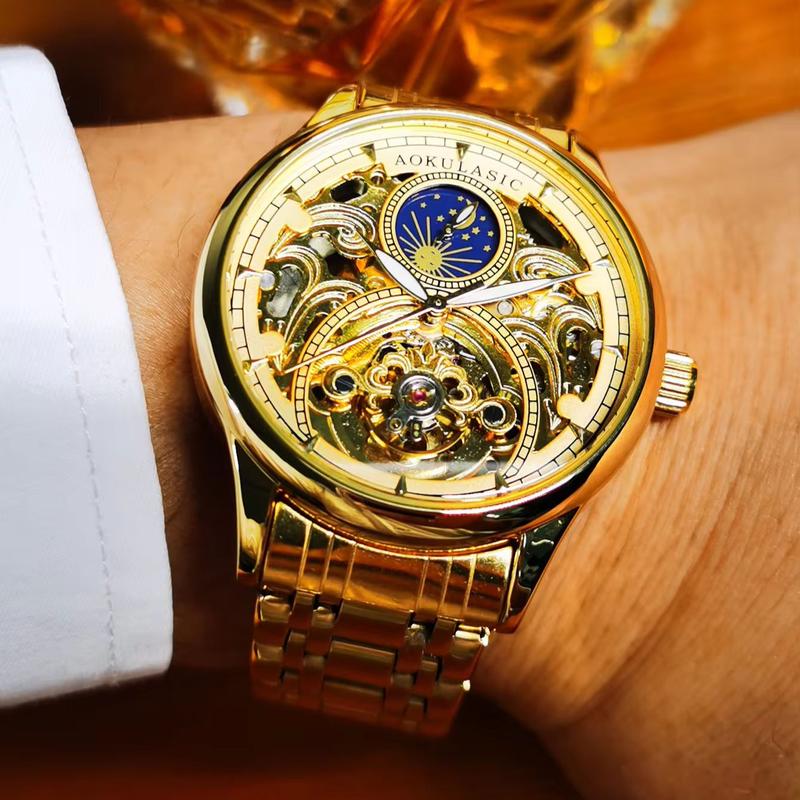 Christmas Gift Gold  Vintage Moon Phase Automatic Watch for Men Tourbillon Skeleton Luminous Hands Luxury Brand Mechanical Watches Steel Strap