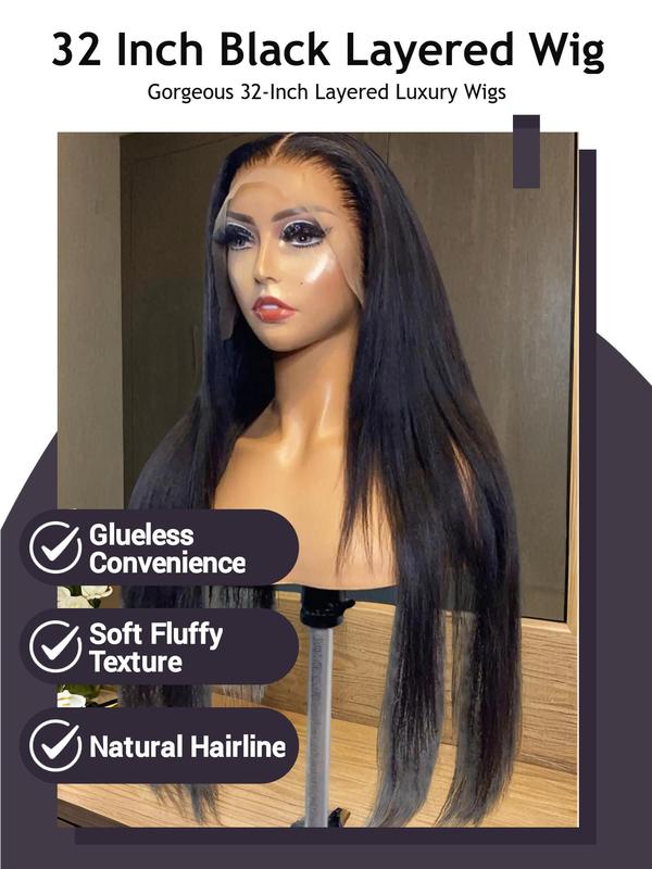 32 Inch Black Long Layered Straight Wigs for Women, Gorgeous Layered Soft Fluffy Wigs without Bangs, Synthetic Lace Front Wigs for Party, Daily Use