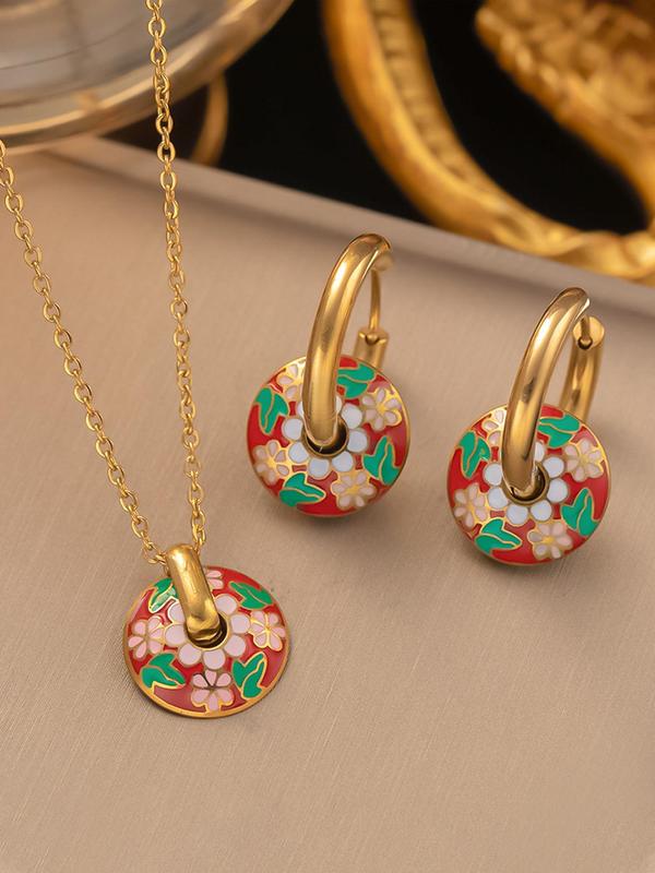 Vintage Flower Pattern Round Pendant Necklace & Earrings, Boho Style Jewelry Set for Women, Fashion Jewelry for Party, Daily Decor, Trendy All-match & Exquisite Jewelry for Gift