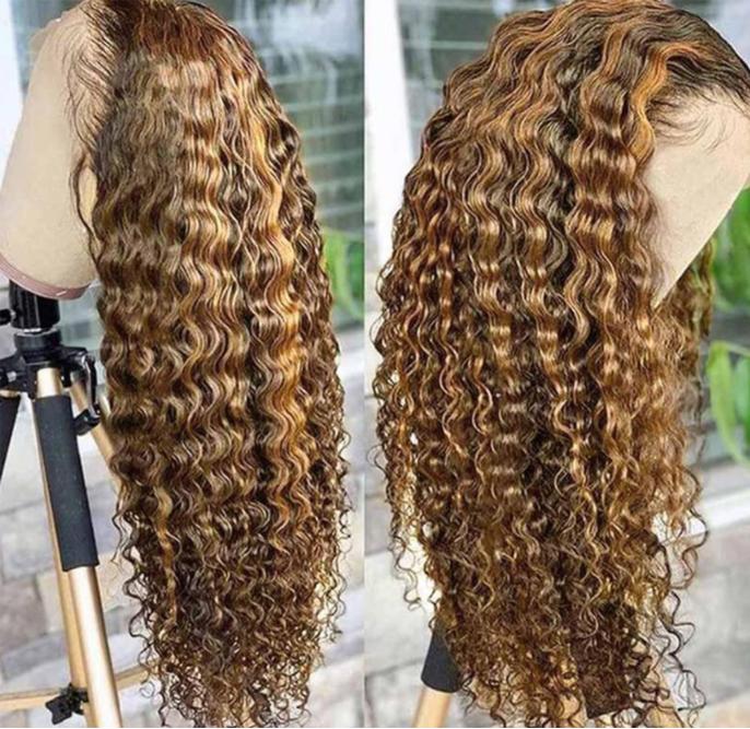 IDHERE 4 27 Highlight Honey Blonde Color Deep Wave Wigs 13x4 HD Lace Front Deep Wave Wigs Human Hair Pre Bleached Knots 180 Density Pre Plucked with Baby Hair For Woman