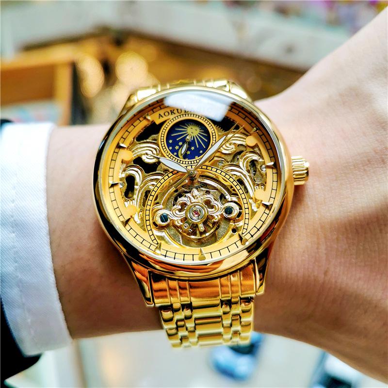 Christmas Gift Gold  Vintage Moon Phase Automatic Watch for Men Tourbillon Skeleton Luminous Hands Luxury Brand Mechanical Watches Steel Strap