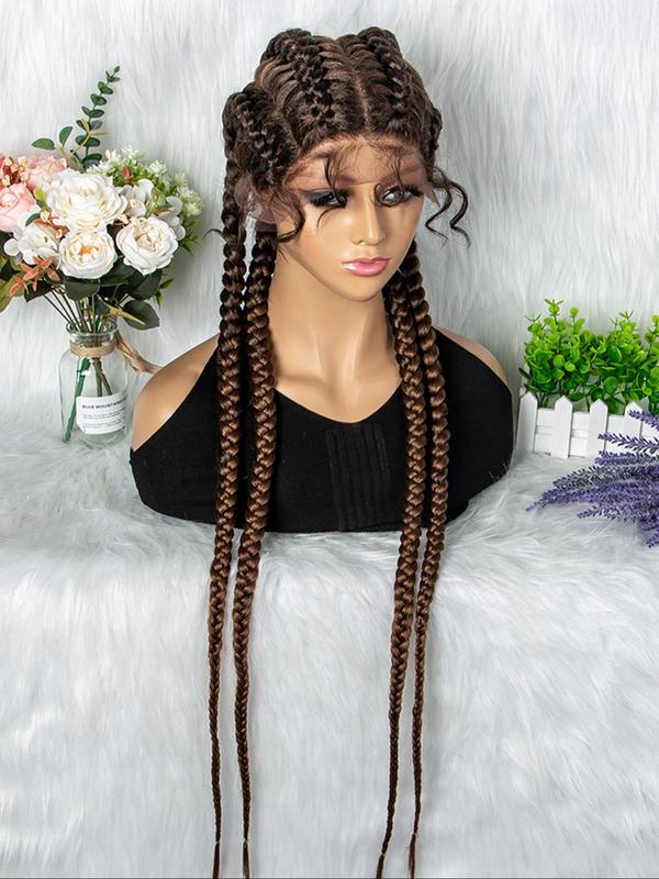 36 Inch Burgundy 4 Strands Long Ponytail Extension With Wig Cap, Synthetic Braided Lace Wig For Party, Daily Use Braids Hairstyles