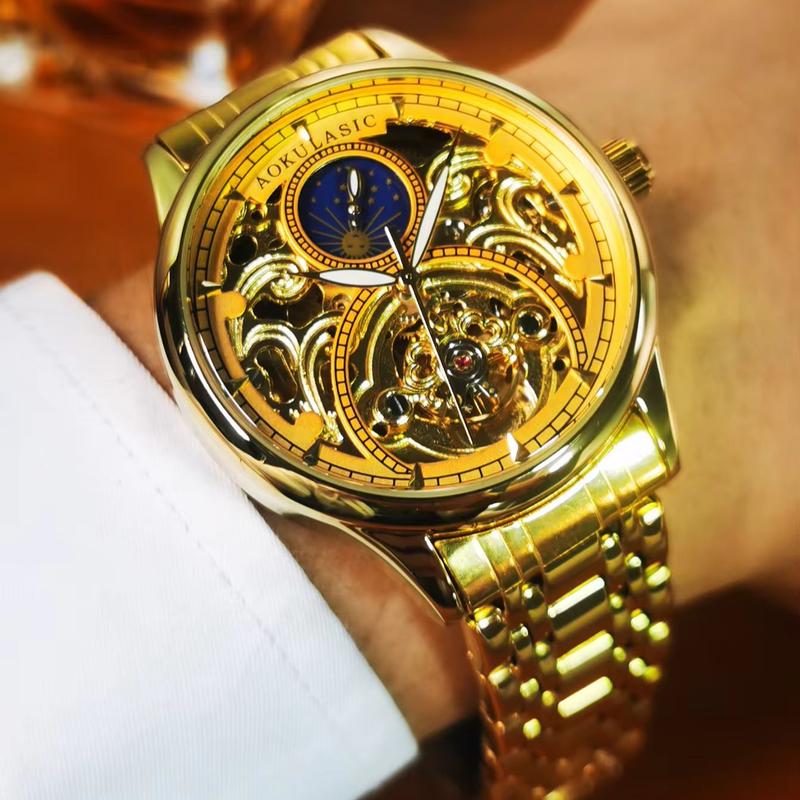 Christmas Gift Gold  Vintage Moon Phase Automatic Watch for Men Tourbillon Skeleton Luminous Hands Luxury Brand Mechanical Watches Steel Strap