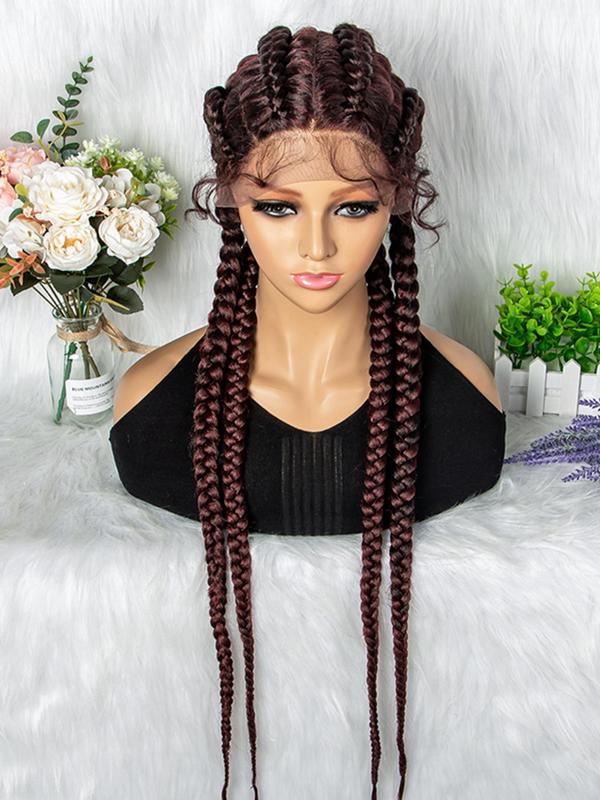 36 Inch Burgundy 4 Strands Long Ponytail Extension With Wig Cap, Synthetic Braided Lace Wig For Party, Daily Use Braids Hairstyles