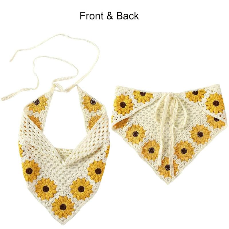 2-piece set Floral Daisy Crochet Bandana Head Kerchief Hair Scarf Knitted Hair Scarves Headscarf Tie Vintage Bandanas Headwrap Headband for Women Girl