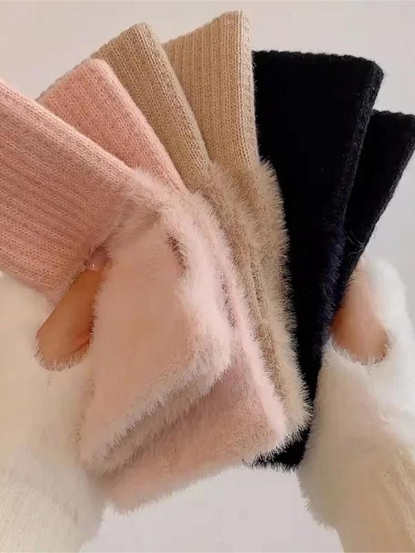 Women's Contrast Faux Fur Half Finger Gloves, Casual Trendy Warm Gloves for Fall & Winter, Fashionable Gloves for Women & Girls for Daily Use